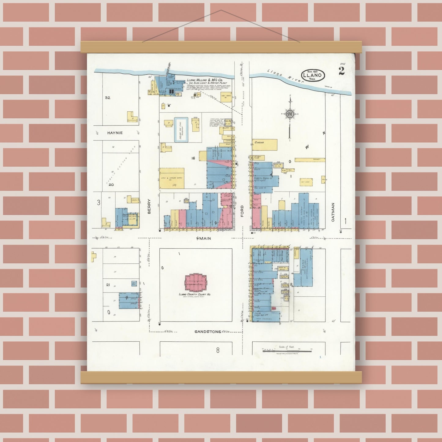 Old map wall art mockup — magnetic wood frame on brick wall — Sanborn Fire Insurance Map from Llano, Llano County, Texas (1921), Sheet #0002
