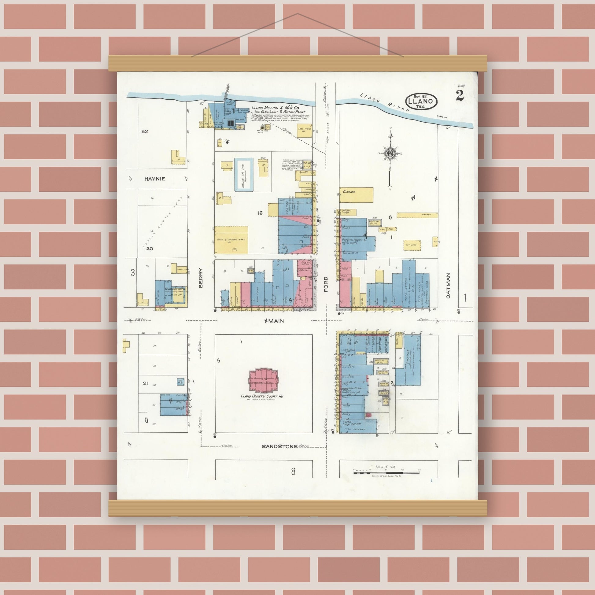 Old map wall art mockup — magnetic wood frame on brick wall — Sanborn Fire Insurance Map from Llano, Llano County, Texas (1921), Sheet #0002