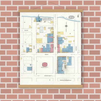 Old map wall art mockup — magnetic wood frame on brick wall — Sanborn Fire Insurance Map from Llano, Llano County, Texas (1921), Sheet #0002