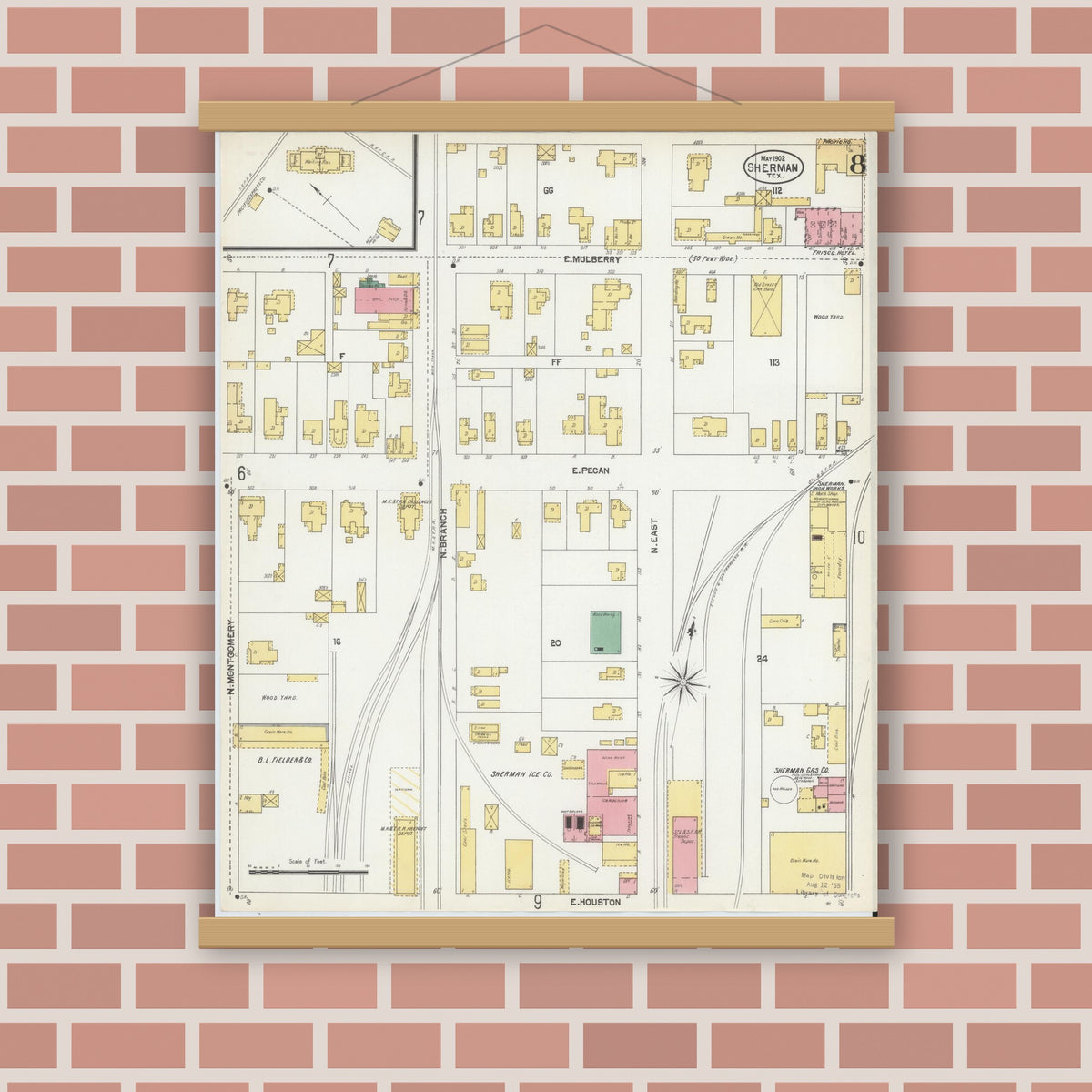 Old map wall art mockup — magnetic wood frame on brick wall — Sanborn Fire Insurance Map from Sherman, Grayson County, Texas (1902), Sheet #0008