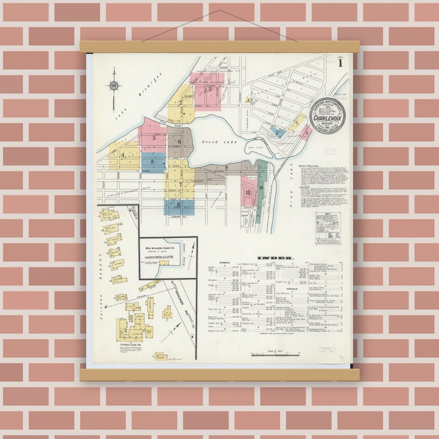 Old map wall art mockup — magnetic wood frame on brick wall — Sanborn Fire Insurance Map from Charlevoix, Charlevoix County, Michigan (1912), Sheet #0001