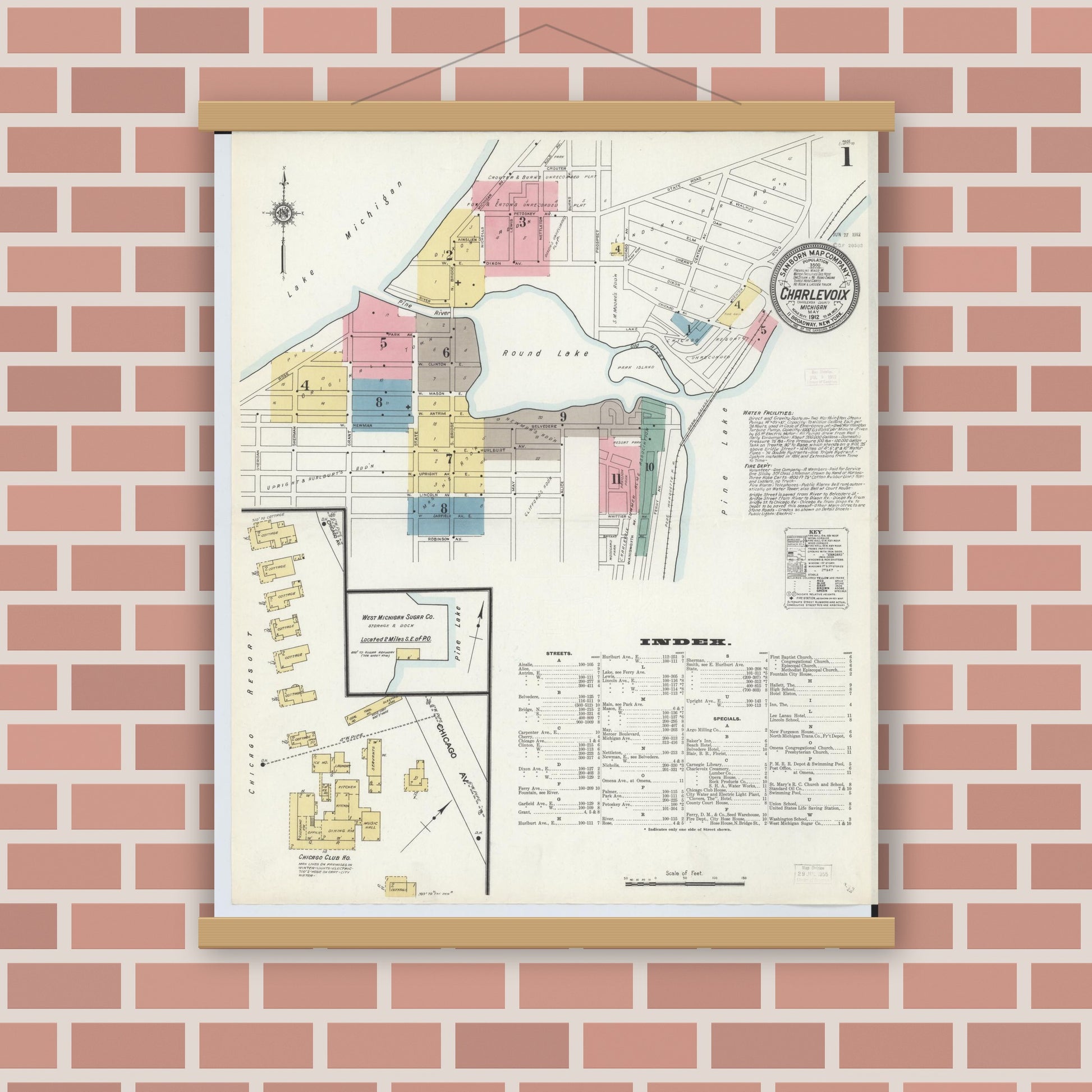 Old map wall art mockup — magnetic wood frame on brick wall — Sanborn Fire Insurance Map from Charlevoix, Charlevoix County, Michigan (1912), Sheet #0001