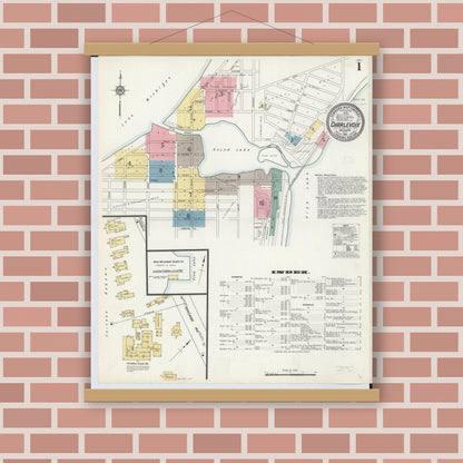 Old map wall art mockup — magnetic wood frame on brick wall — Sanborn Fire Insurance Map from Charlevoix, Charlevoix County, Michigan (1912), Sheet #0001