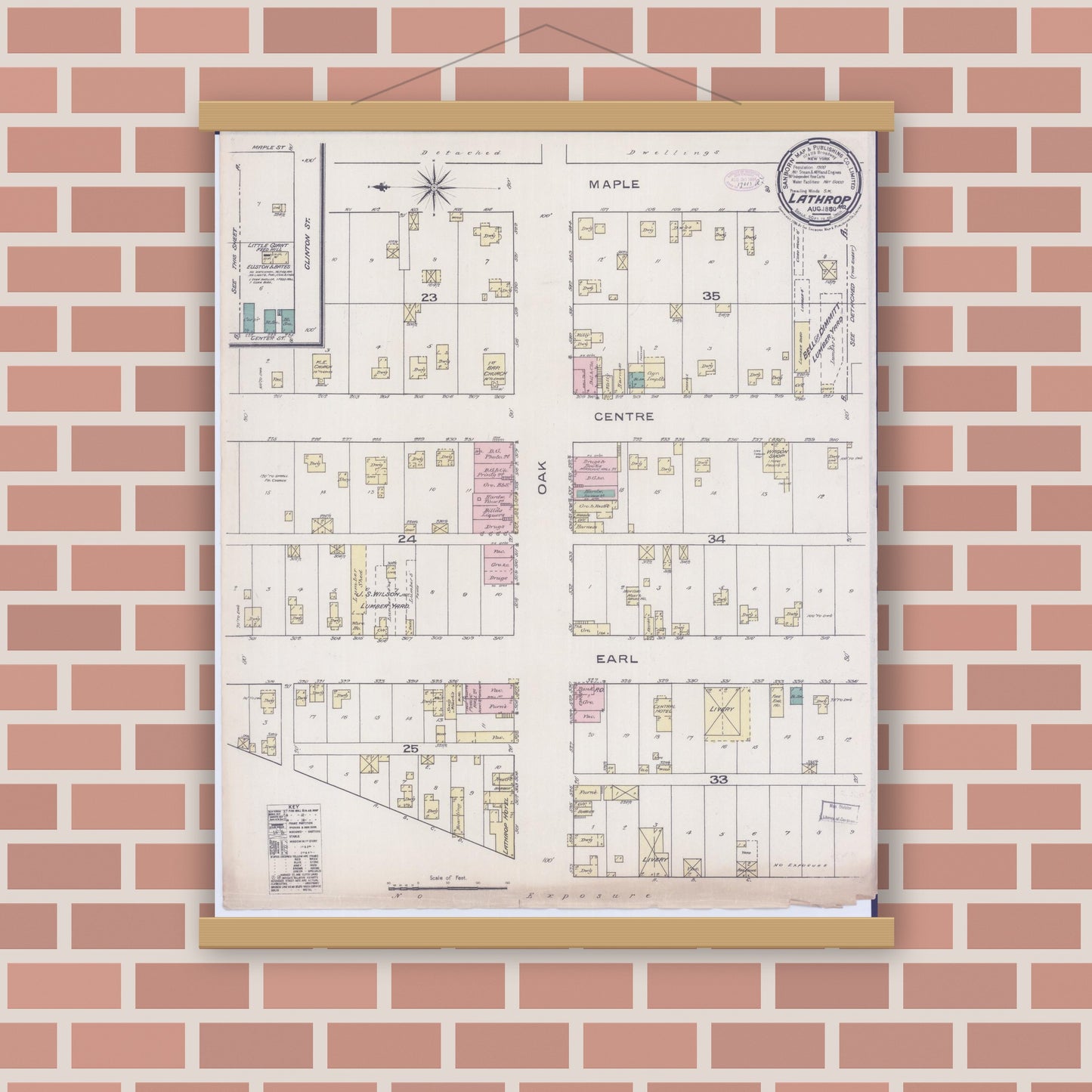 Old map wall art mockup — magnetic wood frame on brick wall — Sanborn Fire Insurance Map from Lathrop, Clinton County, Missouri (Unknown), Sheet #0001