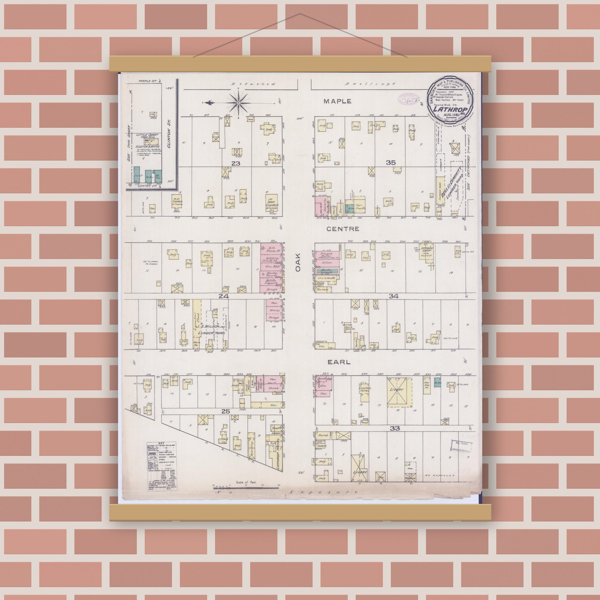 Old map wall art mockup — magnetic wood frame on brick wall — Sanborn Fire Insurance Map from Lathrop, Clinton County, Missouri (Unknown), Sheet #0001