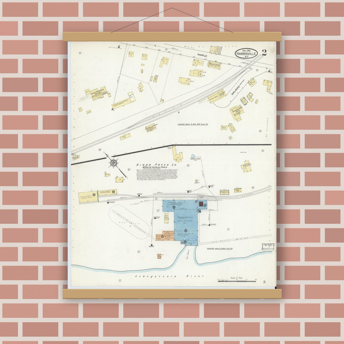 Old map wall art mockup — magnetic wood frame on brick wall — Sanborn Fire Insurance Map from Harrisville, Lewis County, New York (1912), Sheet #0002