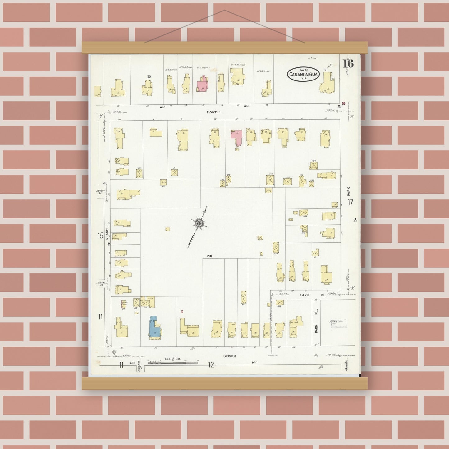 Old map wall art mockup — magnetic wood frame on brick wall — Sanborn Fire Insurance Map from Canandaigua, Ontario County, New York (1911), Sheet #0016