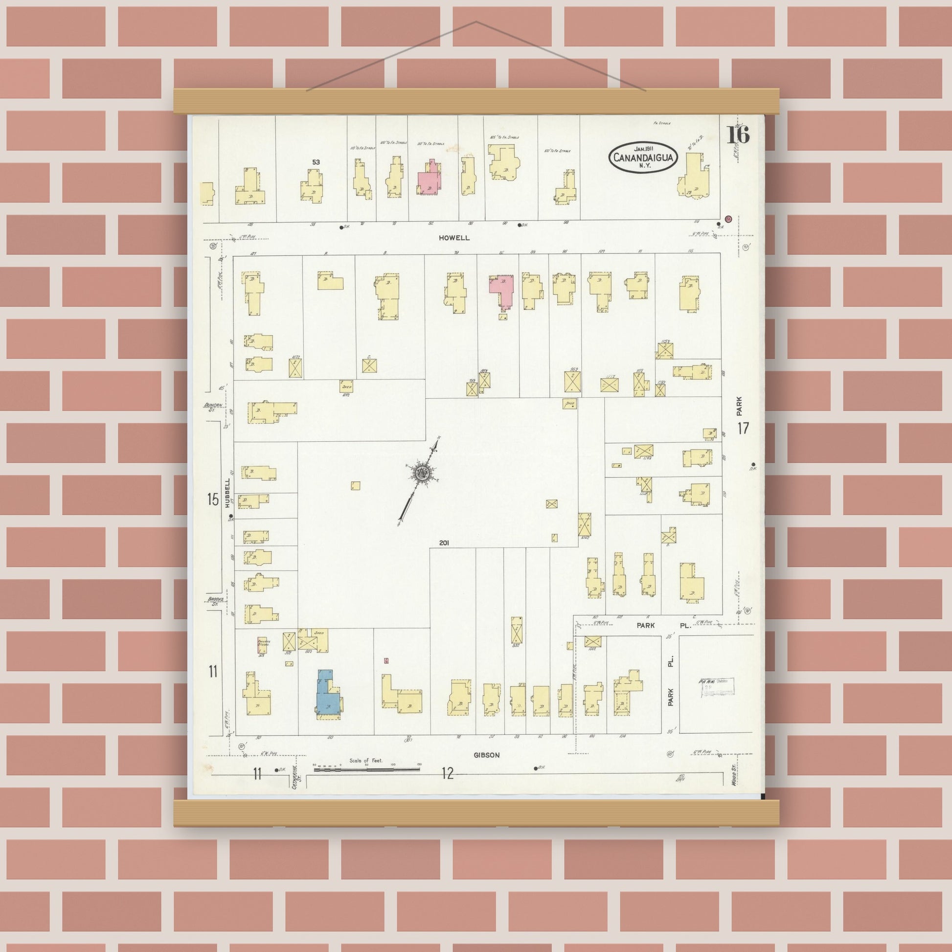 Old map wall art mockup — magnetic wood frame on brick wall — Sanborn Fire Insurance Map from Canandaigua, Ontario County, New York (1911), Sheet #0016