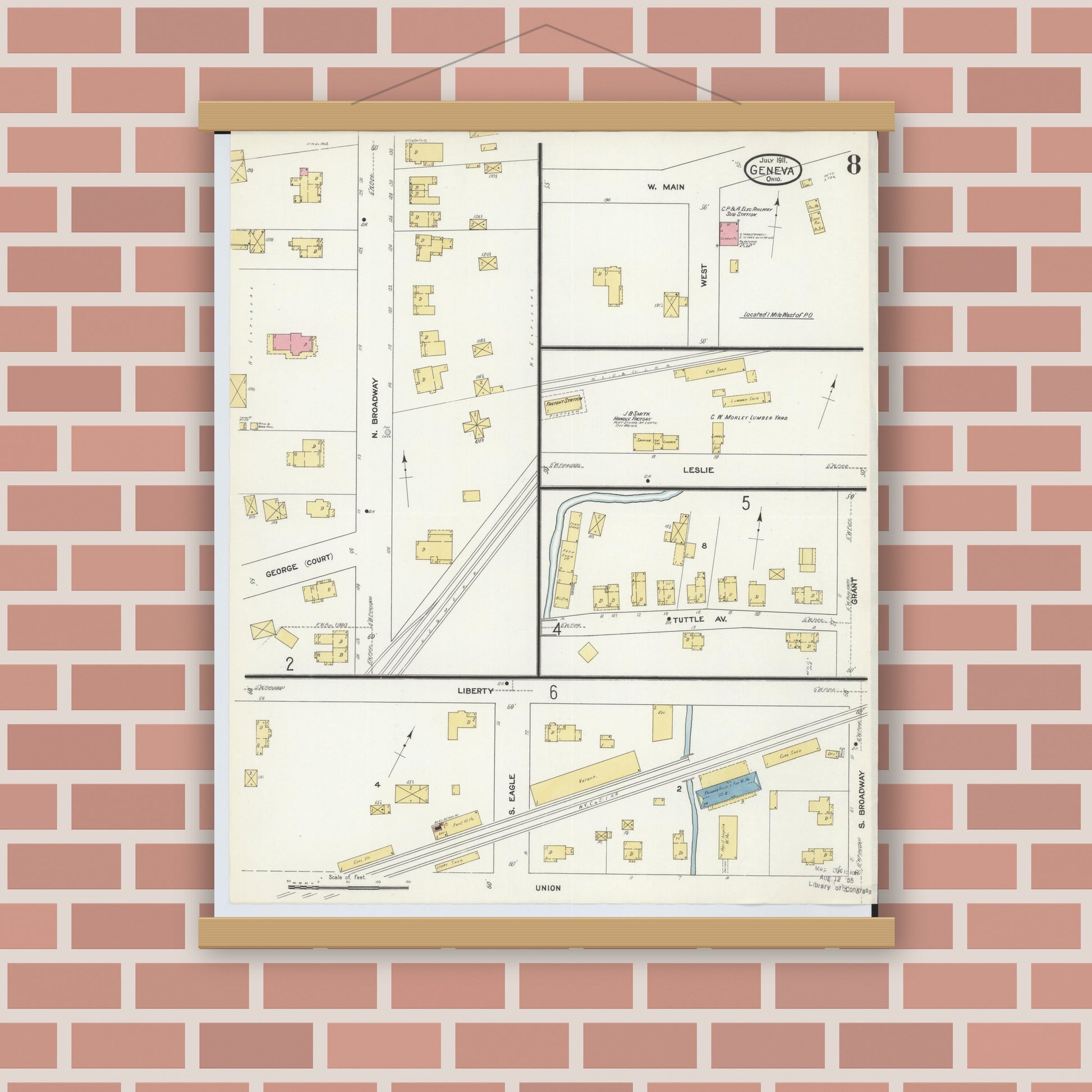 Old map wall art mockup — magnetic wood frame on brick wall — Sanborn Fire Insurance Map from Geneva, Ashtabula County, Ohio (1911), Sheet #0008