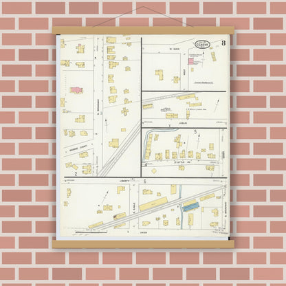 Old map wall art mockup — magnetic wood frame on brick wall — Sanborn Fire Insurance Map from Geneva, Ashtabula County, Ohio (1911), Sheet #0008