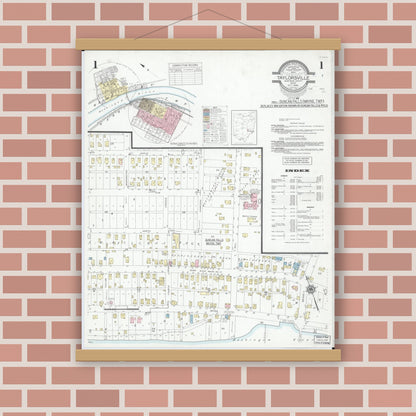 Old map wall art mockup — magnetic wood frame on brick wall — Sanborn Fire Insurance Map from Taylorsville, Muskingum County, Ohio (1946), Sheet #0001