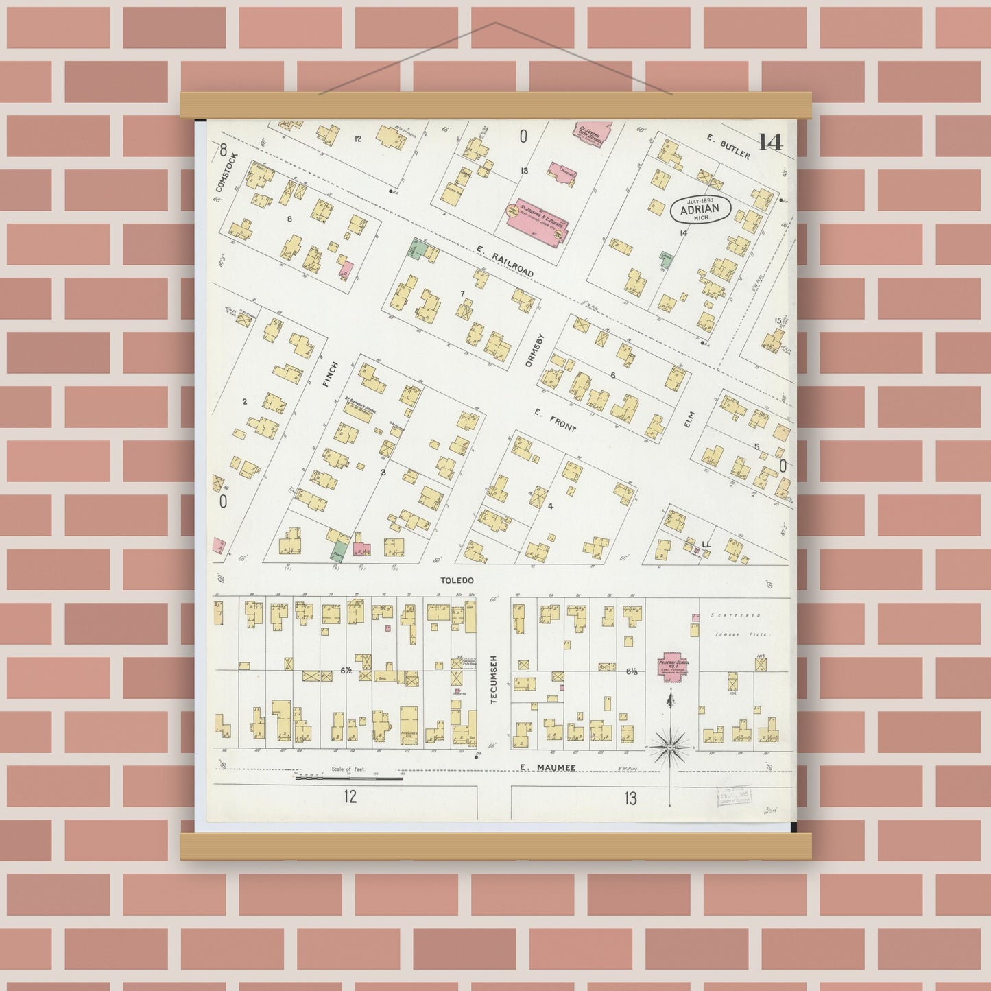 Old map wall art mockup — magnetic wood frame on brick wall — Sanborn Fire Insurance Map from Adrian, Lenawee County, Michigan (1899), Sheet #0014