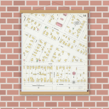 Old map wall art mockup — magnetic wood frame on brick wall — Sanborn Fire Insurance Map from Adrian, Lenawee County, Michigan (1899), Sheet #0014