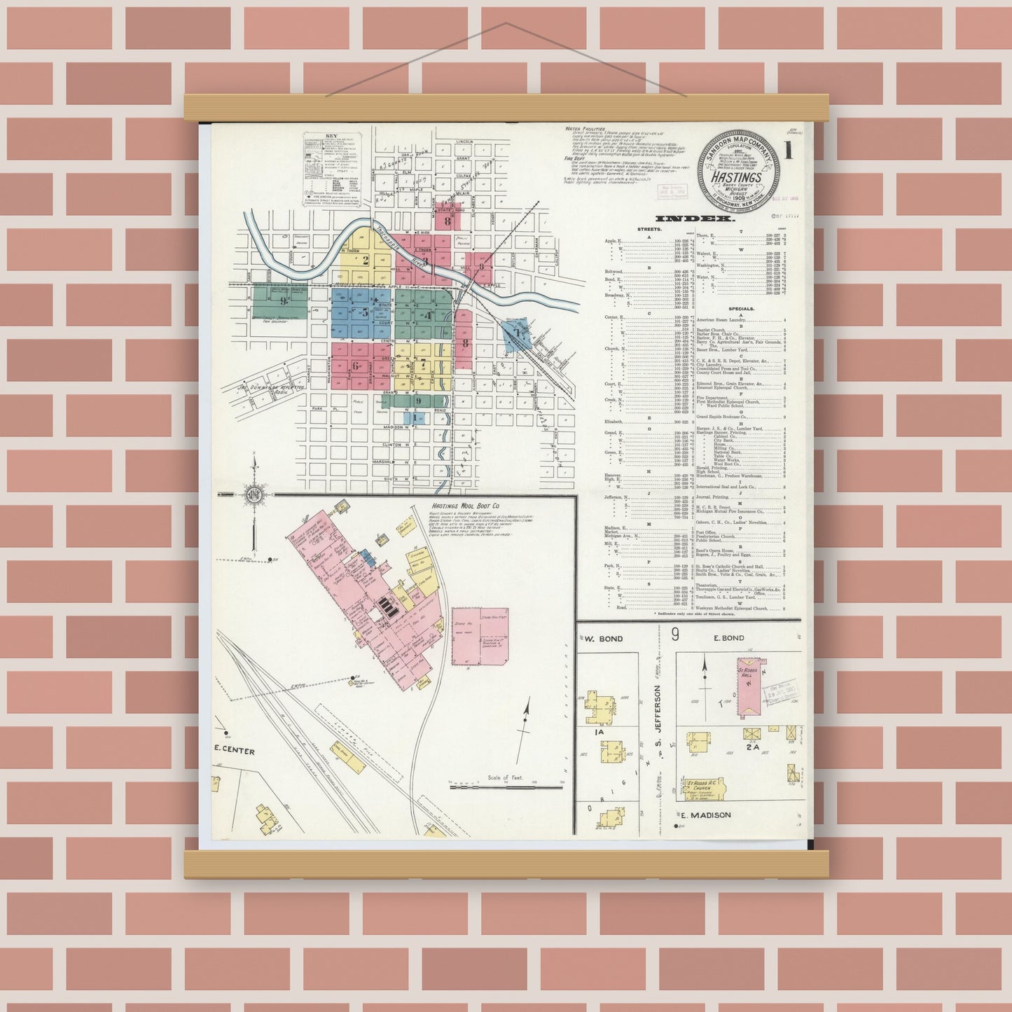 Old map wall art mockup — magnetic wood frame on brick wall — Sanborn Fire Insurance Map from Hastings, Barry County, Michigan (1909), Sheet #0001