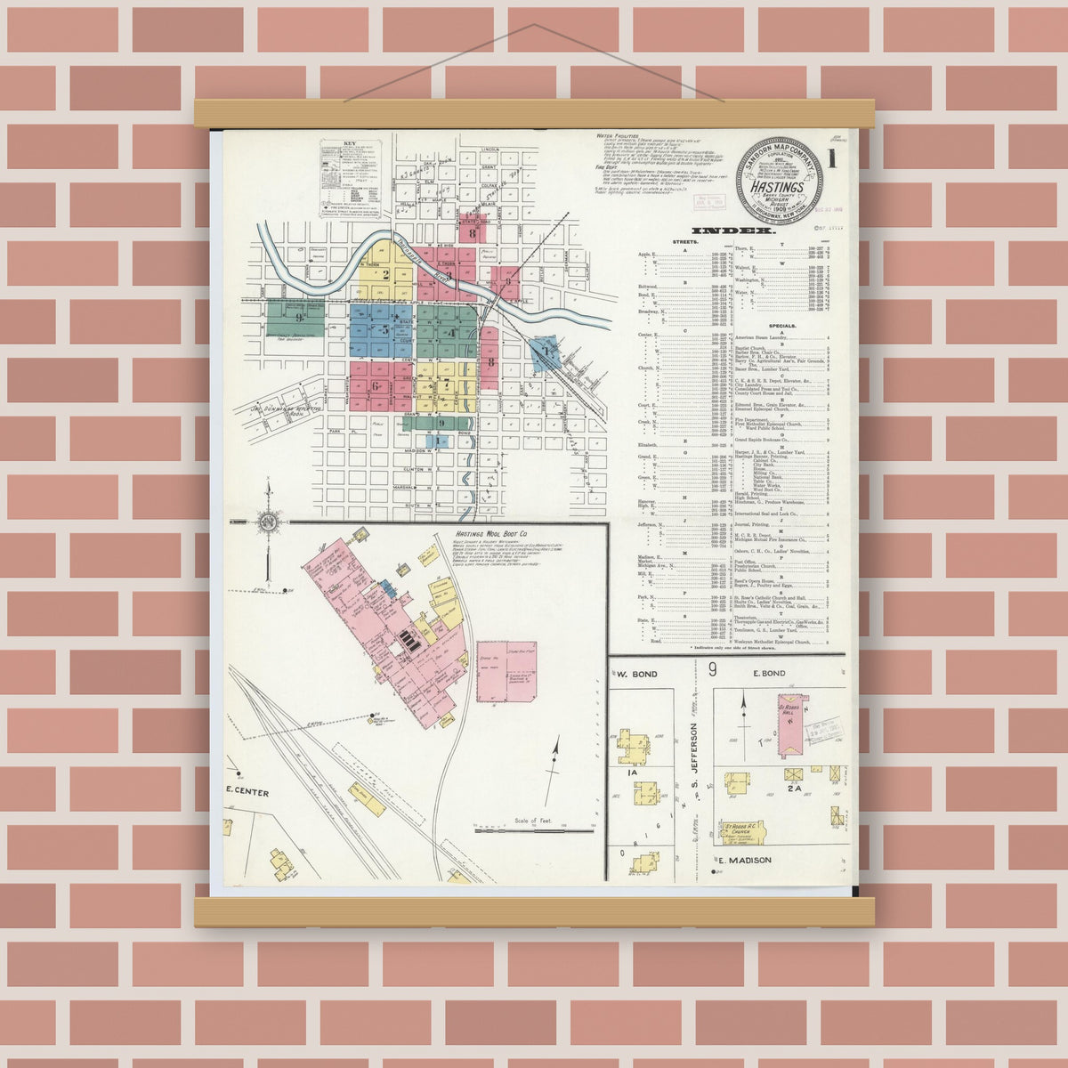 Old map wall art mockup — magnetic wood frame on brick wall — Sanborn Fire Insurance Map from Hastings, Barry County, Michigan (1909), Sheet #0001