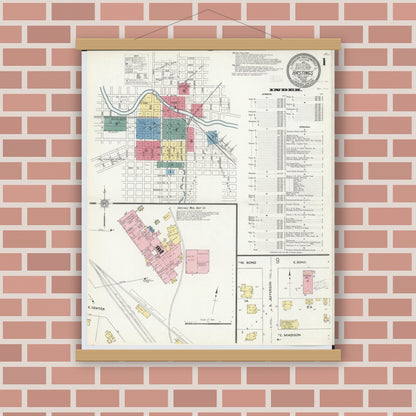 Old map wall art mockup — magnetic wood frame on brick wall — Sanborn Fire Insurance Map from Hastings, Barry County, Michigan (1909), Sheet #0001