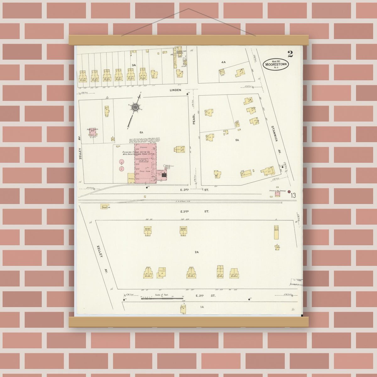 Old map wall art mockup — magnetic wood frame on brick wall — Sanborn Fire Insurance Map from Moorestown, Burlington County, New Jersey (1911) - Complete Map Set