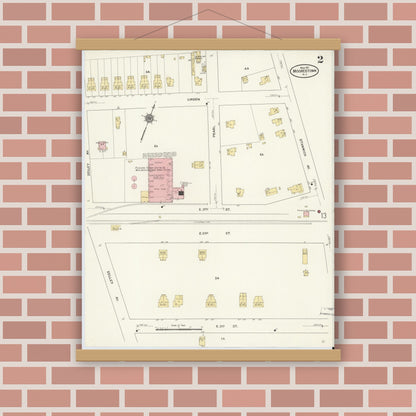 Old map wall art mockup — magnetic wood frame on brick wall — Sanborn Fire Insurance Map from Moorestown, Burlington County, New Jersey (1911) - Complete Map Set