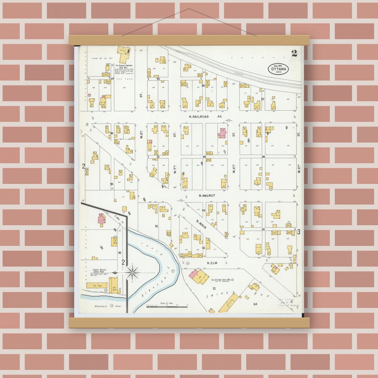 Old map wall art mockup — magnetic wood frame on brick wall — Sanborn Fire Insurance Map from Ottawa, Putnam County, Ohio (1900), Sheet #0002