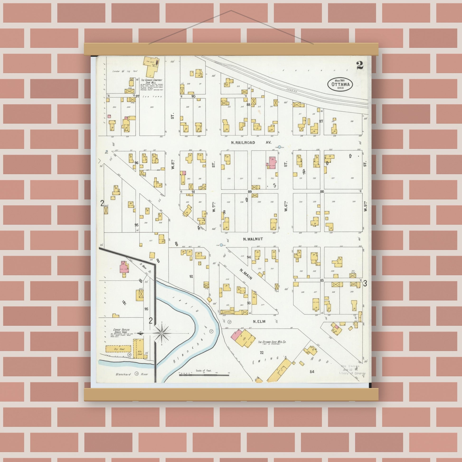 Old map wall art mockup — magnetic wood frame on brick wall — Sanborn Fire Insurance Map from Ottawa, Putnam County, Ohio (1900), Sheet #0002