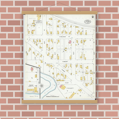 Old map wall art mockup — magnetic wood frame on brick wall — Sanborn Fire Insurance Map from Ottawa, Putnam County, Ohio (1900), Sheet #0002