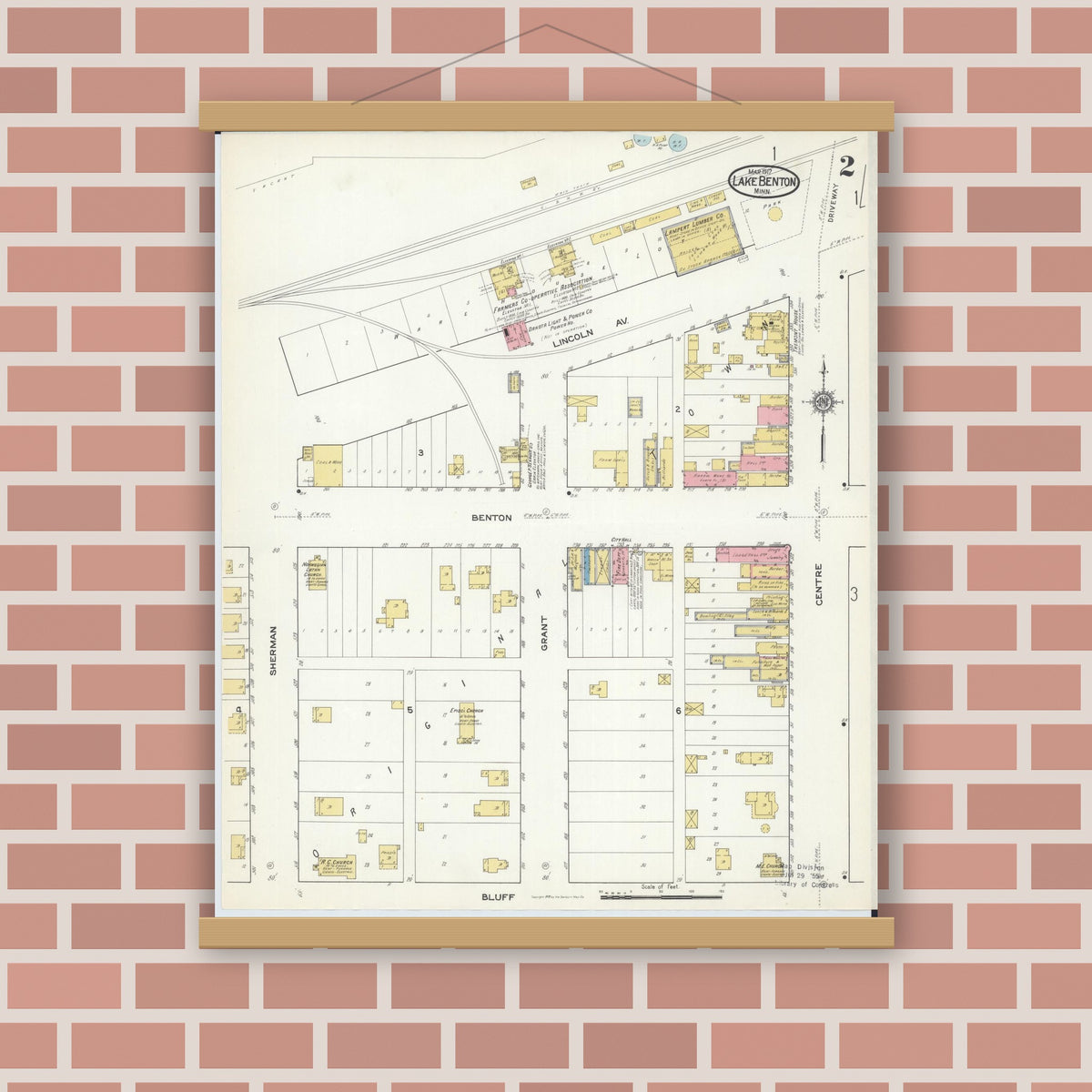 Old map wall art mockup — magnetic wood frame on brick wall — Sanborn Fire Insurance Map from Lake Benton, Lincoln County, Minnesota (1917), Sheet #0002