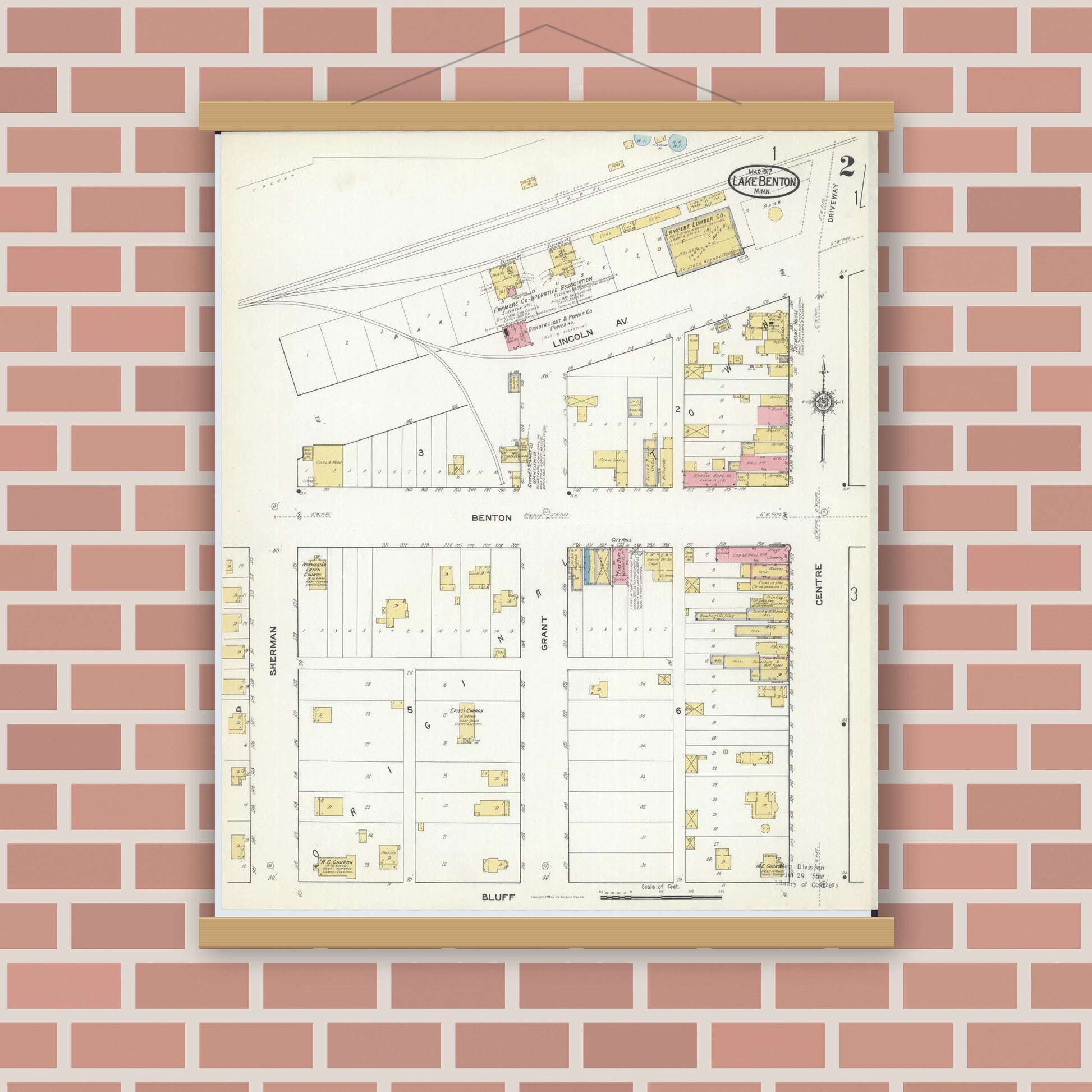 Old map wall art mockup — magnetic wood frame on brick wall — Sanborn Fire Insurance Map from Lake Benton, Lincoln County, Minnesota (1917), Sheet #0002