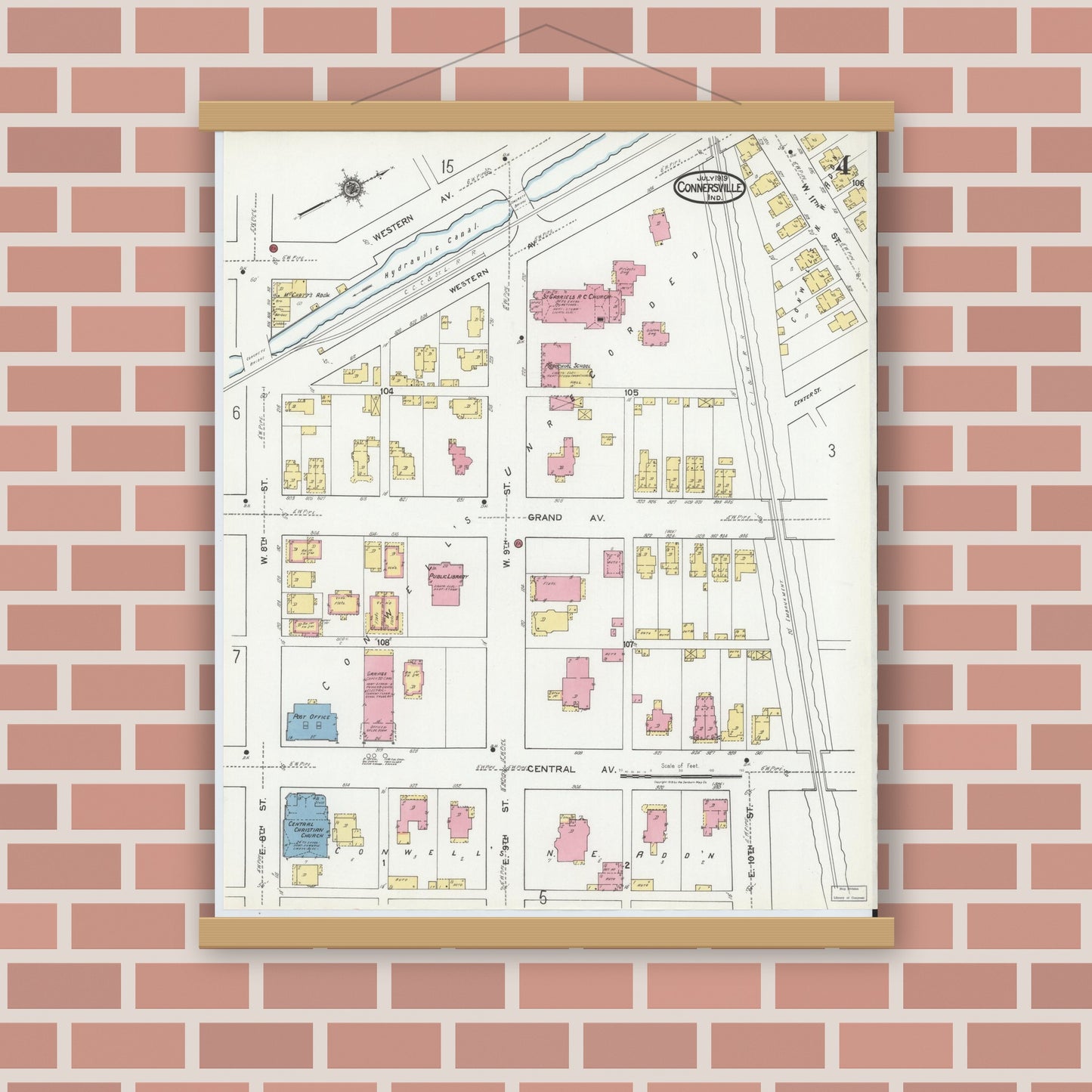 Old map wall art mockup — magnetic wood frame on brick wall — Sanborn Fire Insurance Map from Connersville, Fayette County, Indiana (1919), Sheet #0004
