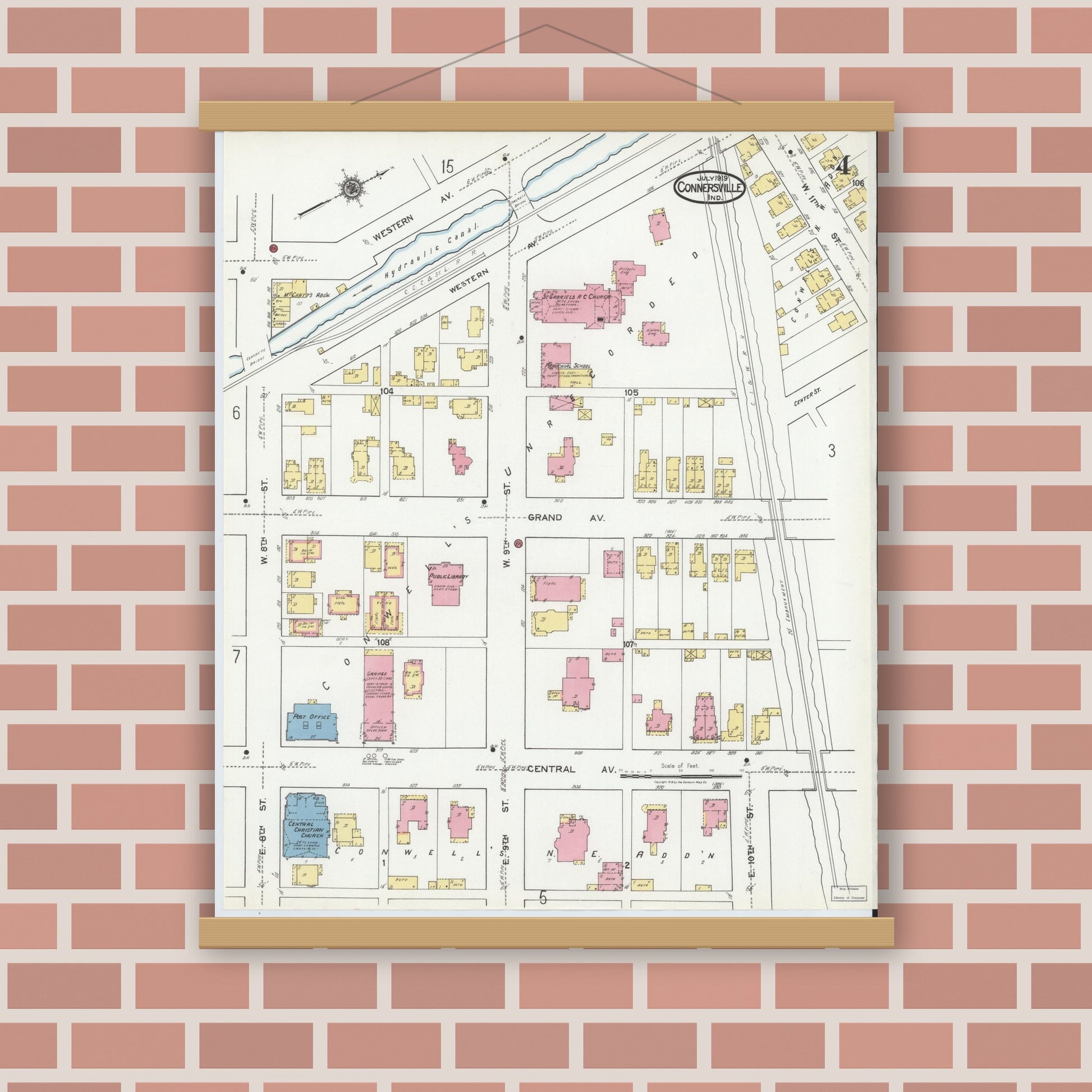 Old map wall art mockup — magnetic wood frame on brick wall — Sanborn Fire Insurance Map from Connersville, Fayette County, Indiana (1919), Sheet #0004