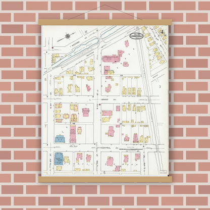 Old map wall art mockup — magnetic wood frame on brick wall — Sanborn Fire Insurance Map from Connersville, Fayette County, Indiana (1919), Sheet #0004