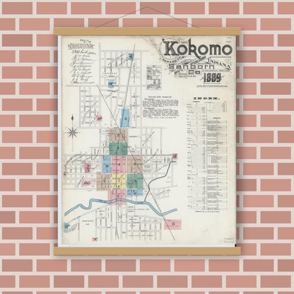 Old map wall art mockup — magnetic wood frame on brick wall — Sanborn Fire Insurance Map from Kokomo, Howard County, Indiana (1889) - Complete Map Set