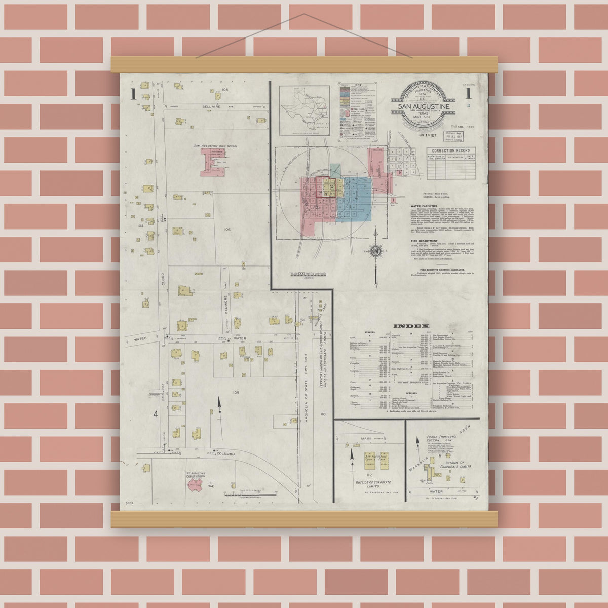Old map wall art mockup — magnetic wood frame on brick wall — Sanborn Fire Insurance Map from San Augustine, San Augustine County, Texas (1937) - Complete Map Set