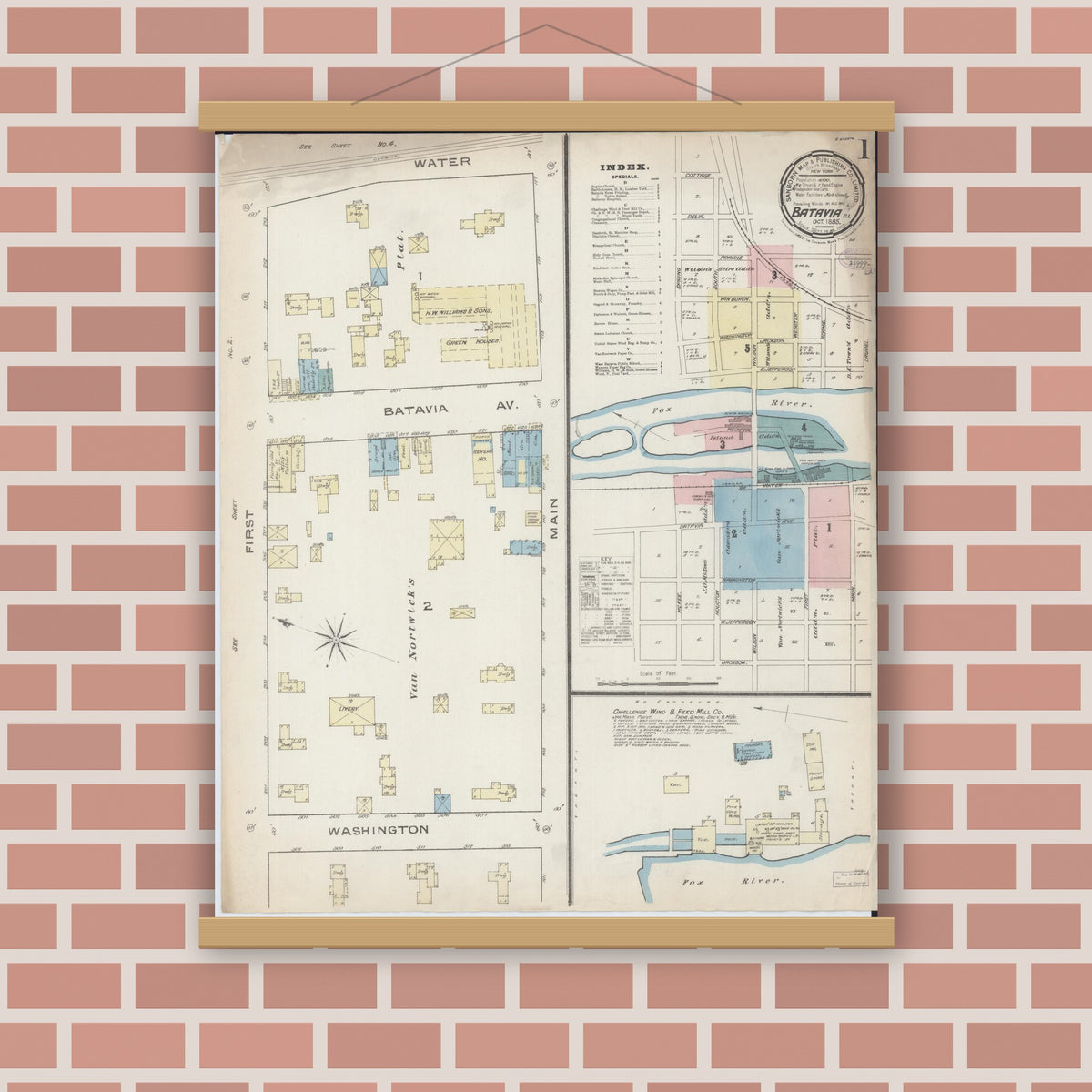 Old map wall art mockup — magnetic wood frame on brick wall — Sanborn Fire Insurance Map from Batavia, Kane County, Illinois (1885) - Complete Map Set