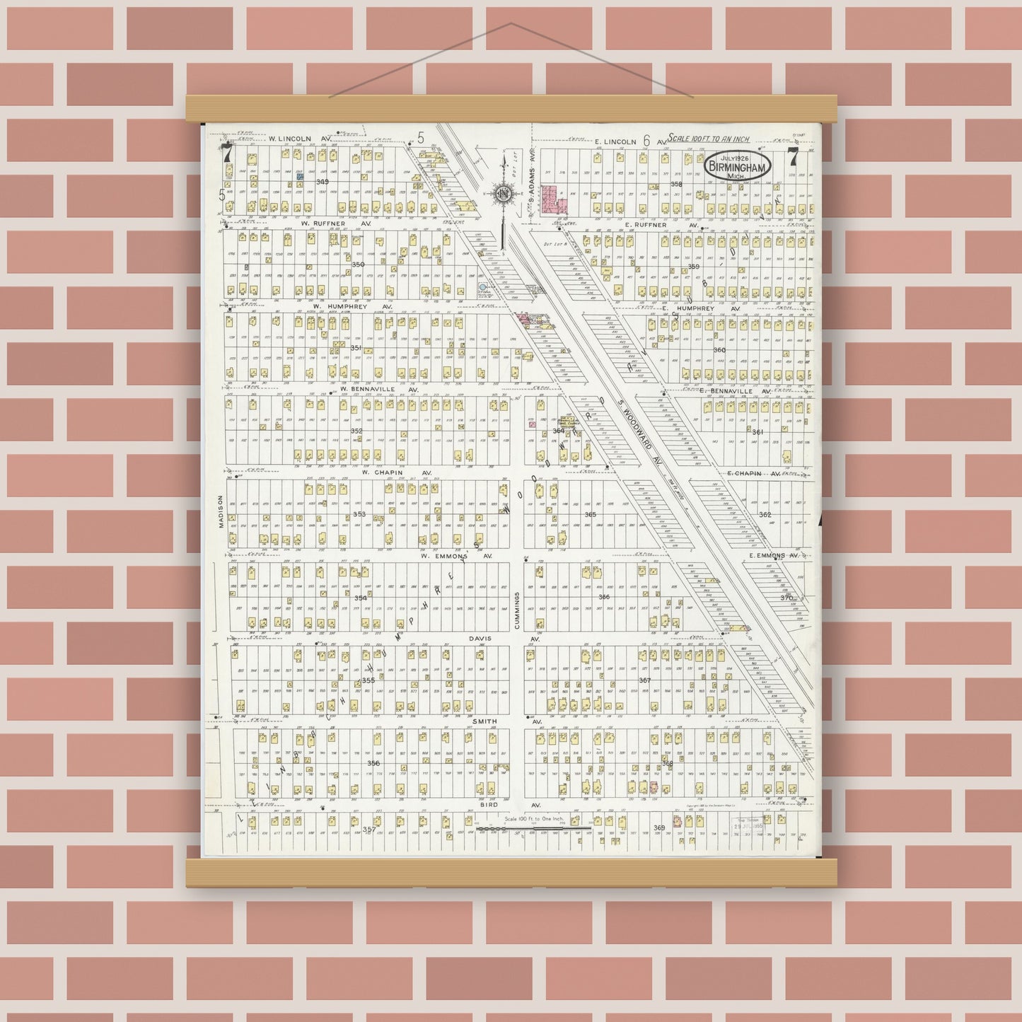 Old map wall art mockup — magnetic wood frame on brick wall — Sanborn Fire Insurance Map from Birmingham, Oakland County, Michigan (1926), Sheet #0007