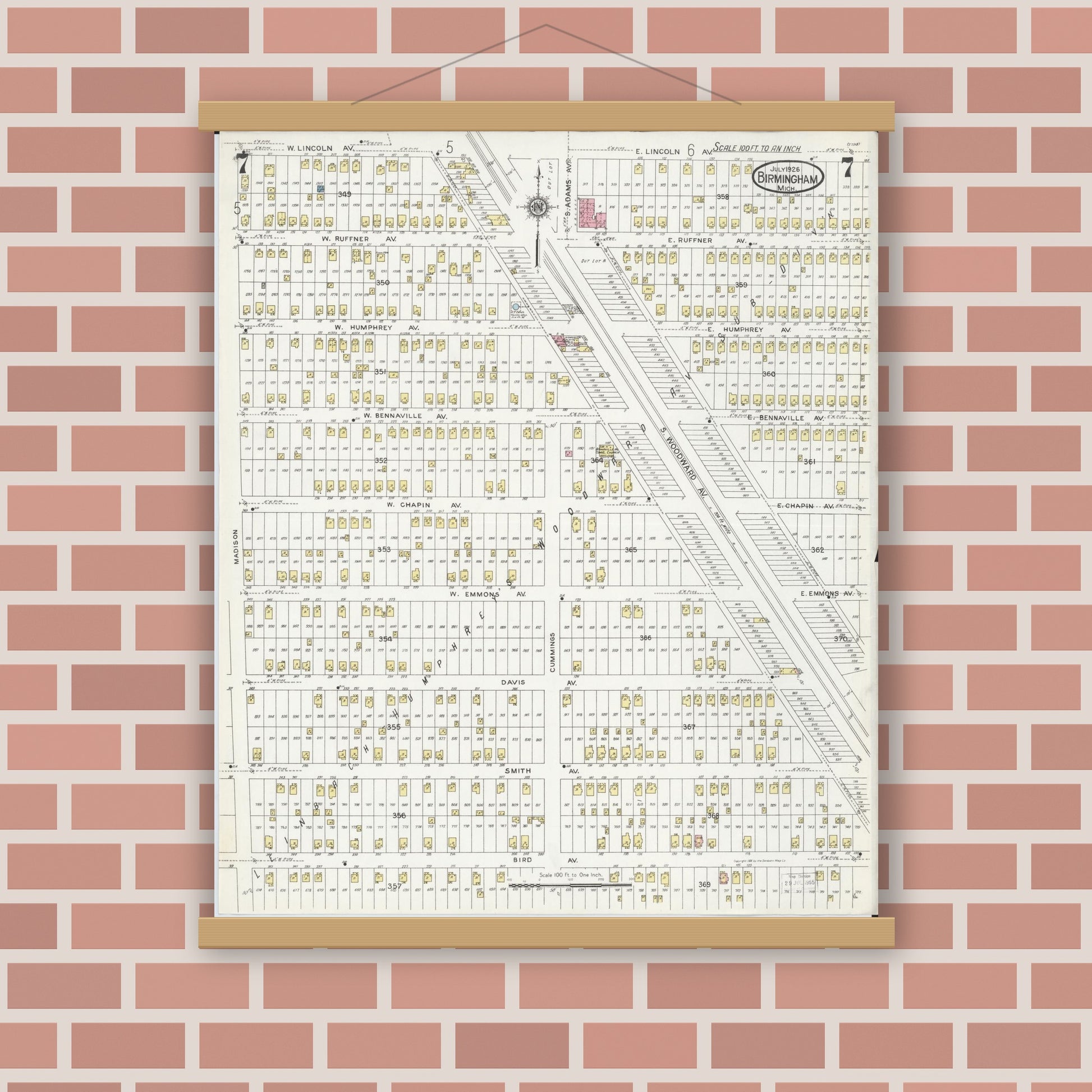 Old map wall art mockup — magnetic wood frame on brick wall — Sanborn Fire Insurance Map from Birmingham, Oakland County, Michigan (1926), Sheet #0007