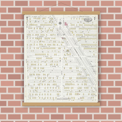 Old map wall art mockup — magnetic wood frame on brick wall — Sanborn Fire Insurance Map from Birmingham, Oakland County, Michigan (1926), Sheet #0007