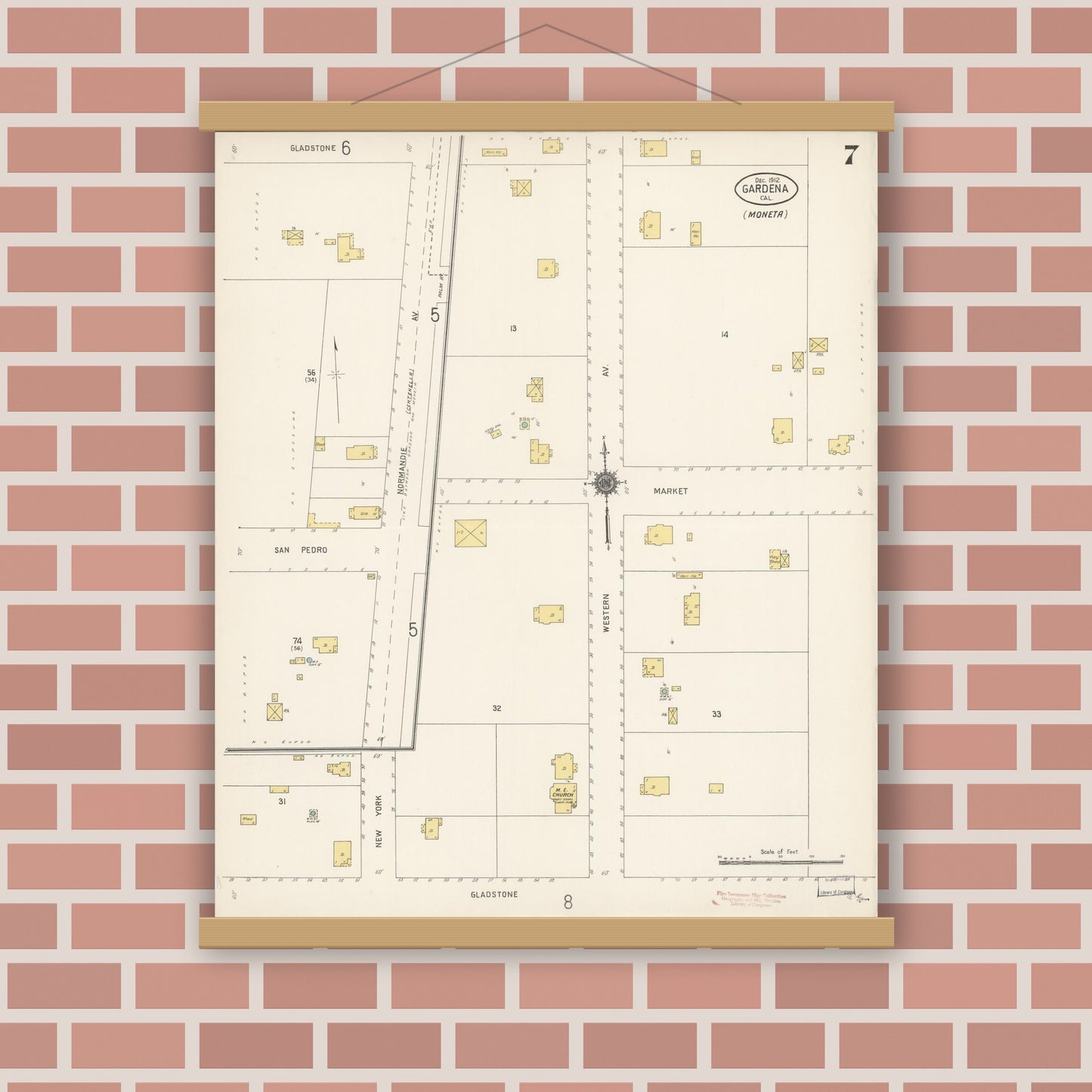 Old map wall art mockup — magnetic wood frame on brick wall — Sanborn Fire Insurance Map from Gardena, Los Angeles County, California (1912), Sheet #0007