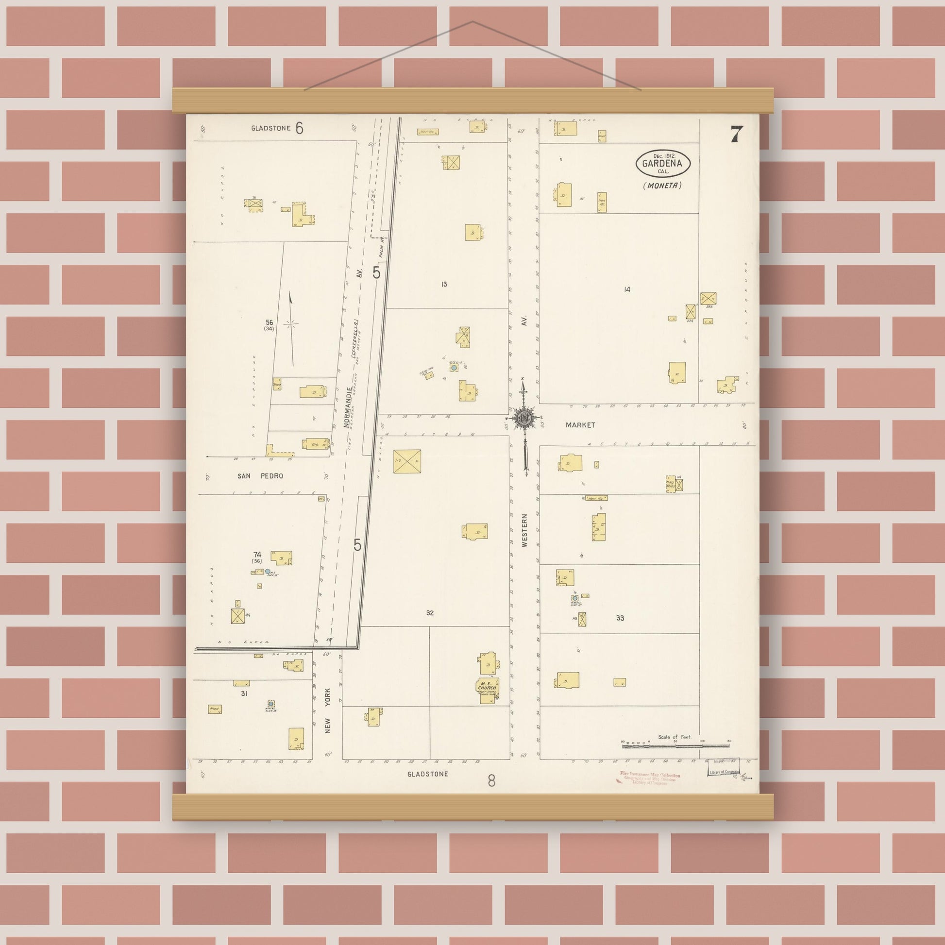 Old map wall art mockup — magnetic wood frame on brick wall — Sanborn Fire Insurance Map from Gardena, Los Angeles County, California (1912), Sheet #0007