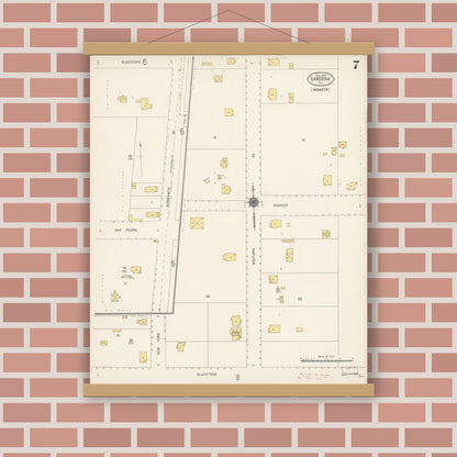 Old map wall art mockup — magnetic wood frame on brick wall — Sanborn Fire Insurance Map from Gardena, Los Angeles County, California (1912), Sheet #0007