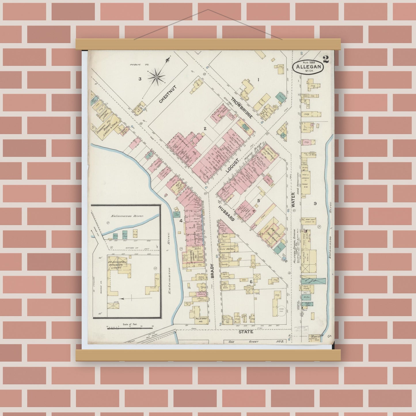 Old map wall art mockup — magnetic wood frame on brick wall — Sanborn Fire Insurance Map from Allegan, Allegan County, Michigan (1888), Sheet #0002
