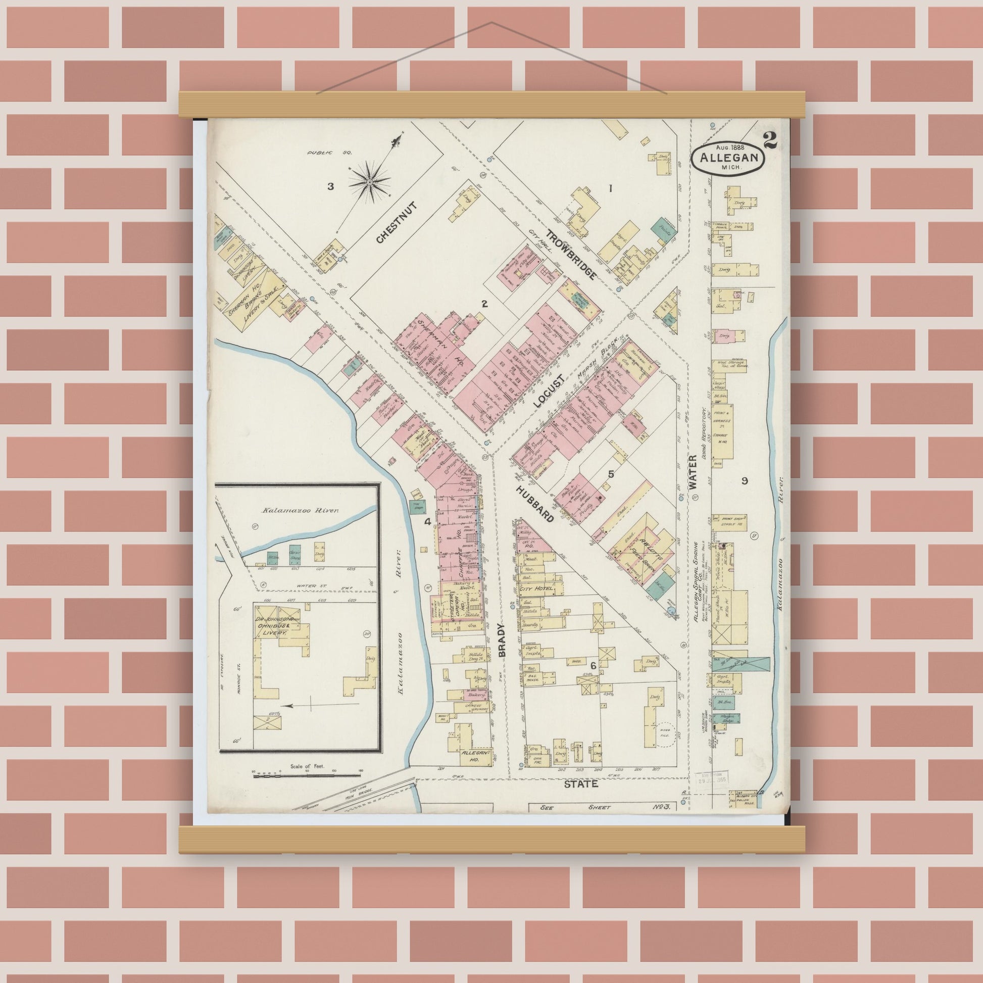 Old map wall art mockup — magnetic wood frame on brick wall — Sanborn Fire Insurance Map from Allegan, Allegan County, Michigan (1888), Sheet #0002