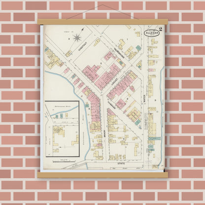 Old map wall art mockup — magnetic wood frame on brick wall — Sanborn Fire Insurance Map from Allegan, Allegan County, Michigan (1888), Sheet #0002