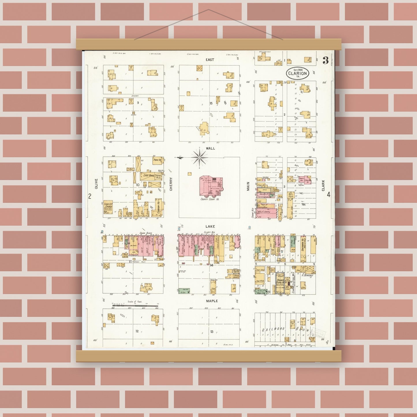 Old map wall art mockup — magnetic wood frame on brick wall — Sanborn Fire Insurance Map from Clarion, Wright County, Iowa (1900), Sheet #0003
