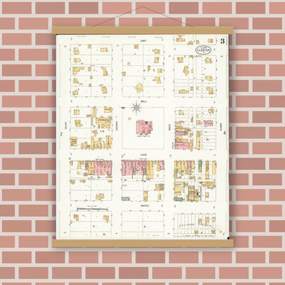 Old map wall art mockup — magnetic wood frame on brick wall — Sanborn Fire Insurance Map from Clarion, Wright County, Iowa (1900), Sheet #0003