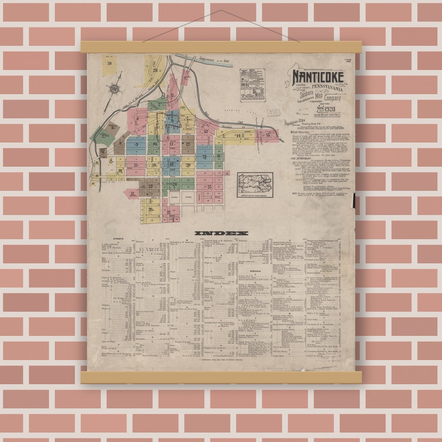 Old map wall art mockup — magnetic wood frame on brick wall — Sanborn Fire Insurance Map from Nanticoke, Luzerne County, Pennsylvania (1920) - Complete Map Set
