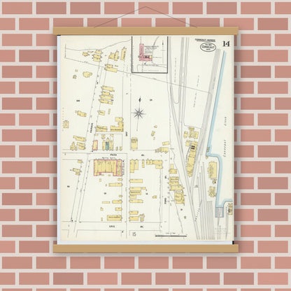 Old map wall art mockup — magnetic wood frame on brick wall — Sanborn Fire Insurance Map from Conneaut, Ashtabula County, Ohio (1902), Sheet #0014