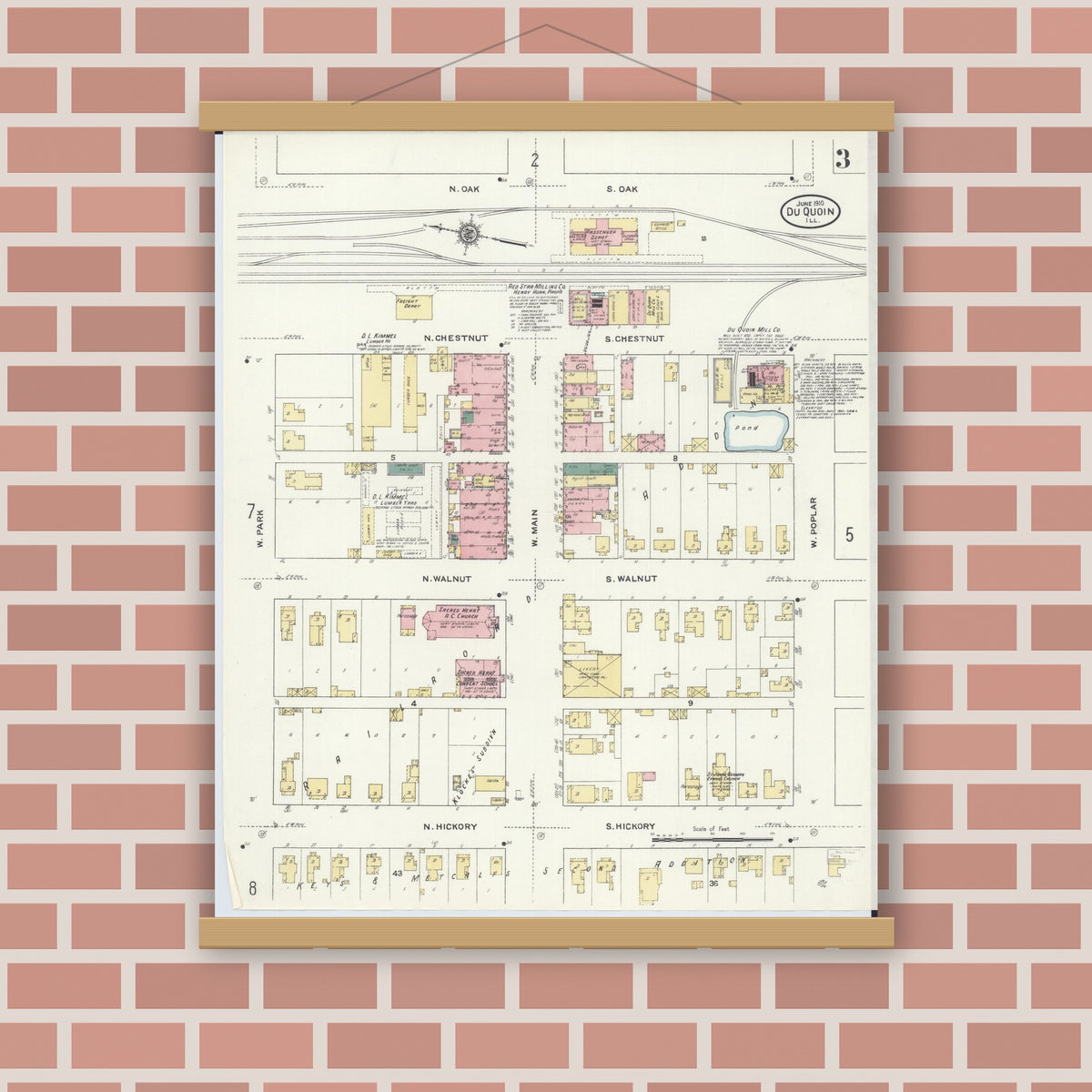 Old map wall art mockup — magnetic wood frame on brick wall — Sanborn Fire Insurance Map from Du Quoin, Perry County, Illinois (1910), Sheet #0003