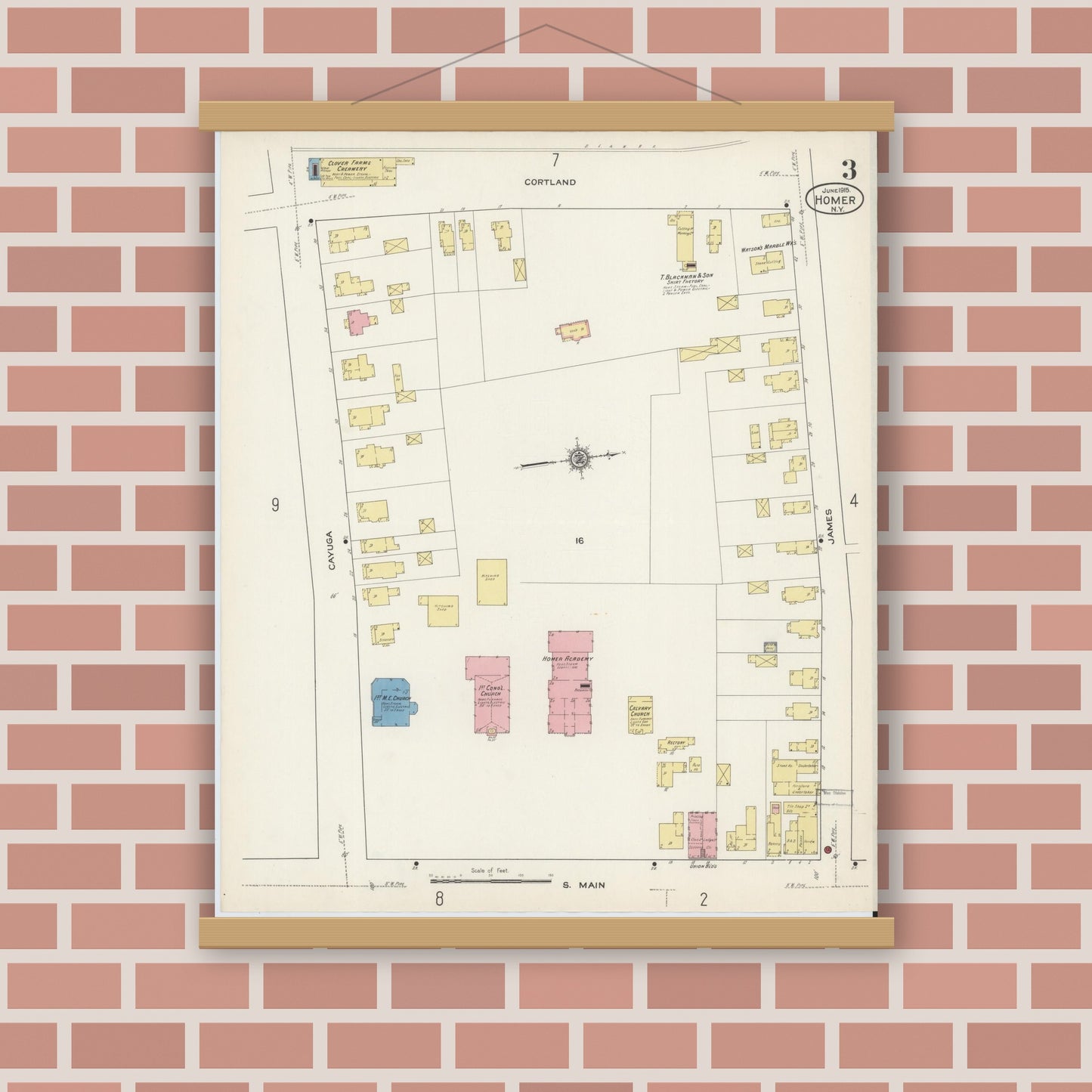 Old map wall art mockup — magnetic wood frame on brick wall — Sanborn Fire Insurance Map from Homer, Cortland County, New York (1915), Sheet #0003