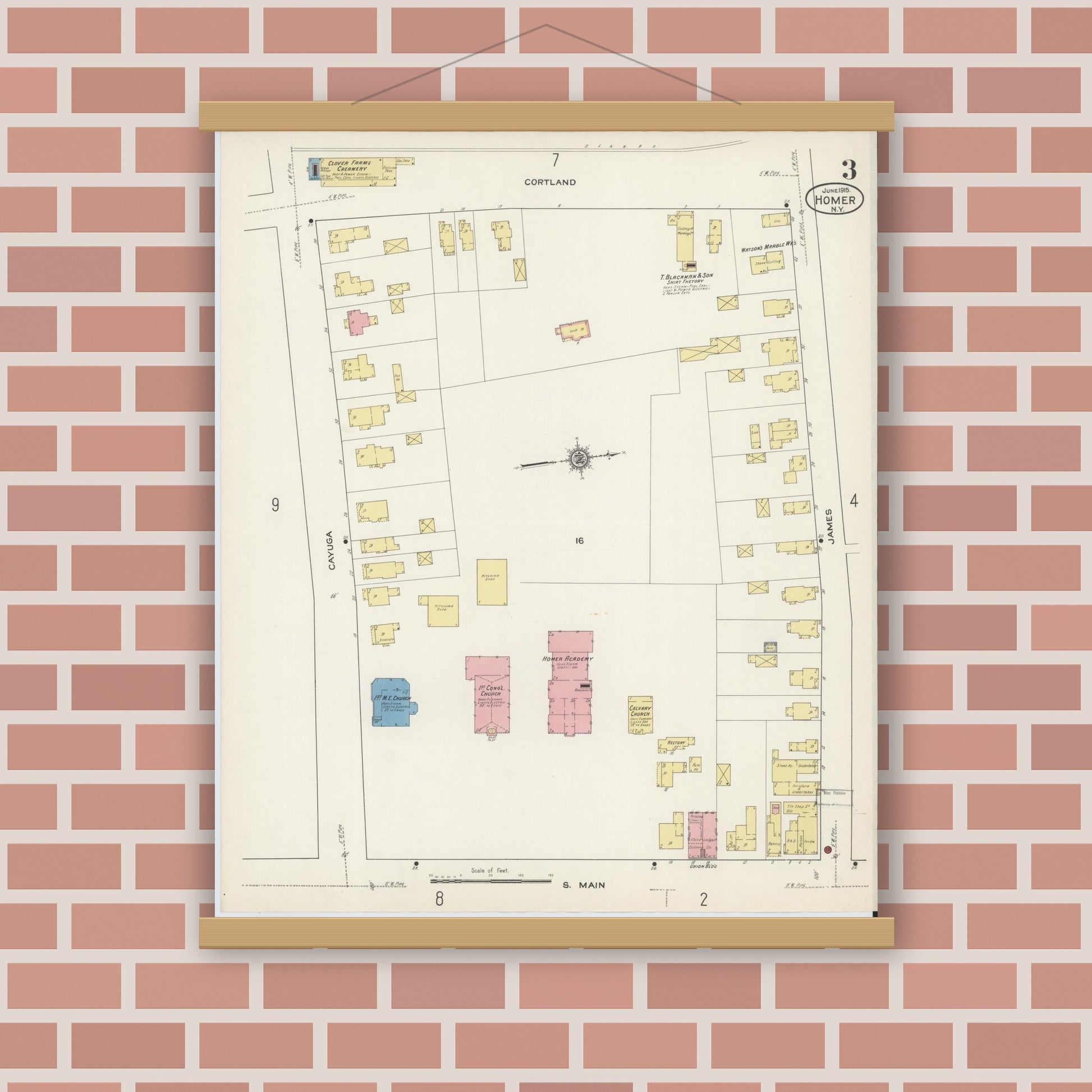 Old map wall art mockup — magnetic wood frame on brick wall — Sanborn Fire Insurance Map from Homer, Cortland County, New York (1915), Sheet #0003