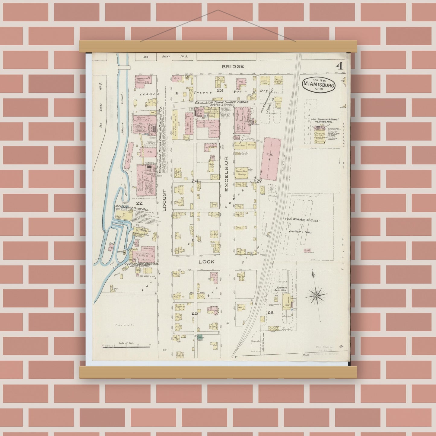 Old map wall art mockup — magnetic wood frame on brick wall — Sanborn Fire Insurance Map from Miamisburg, Montgomery County, Ohio (1886), Sheet #0004